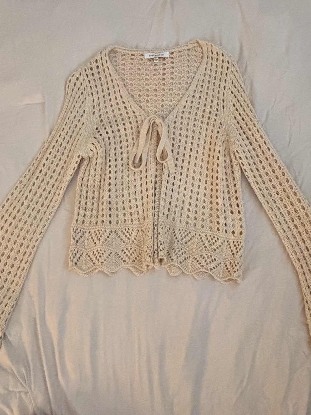 Hooked Up by IOT Cream Crochet Tie-Front Cardigan